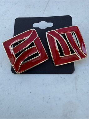 Gold-Tone Red Enamel Geometric Statement Earrings